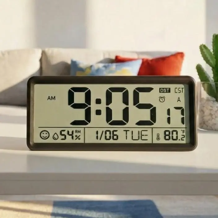 [Back To School] EASYERA 15'' Large Digital Clock, Atomic Wall Clock Battery Operated, Self-Setting, Indoor Temperature & Humidity, Auto DST, for Kitchen, Classroom, Dormitory, Garage, Office, Work Space, Shed (Batteries Not Included)
