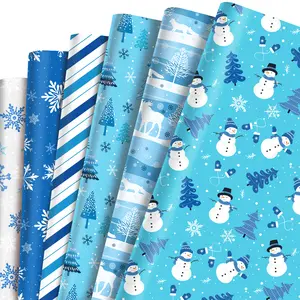 Gift Wrap 12 Sheets, Christmas Wrapping Paper (27" x 20"), Blue Snowflake Snowman for Christmas, Holiday Parties, Baby Shower