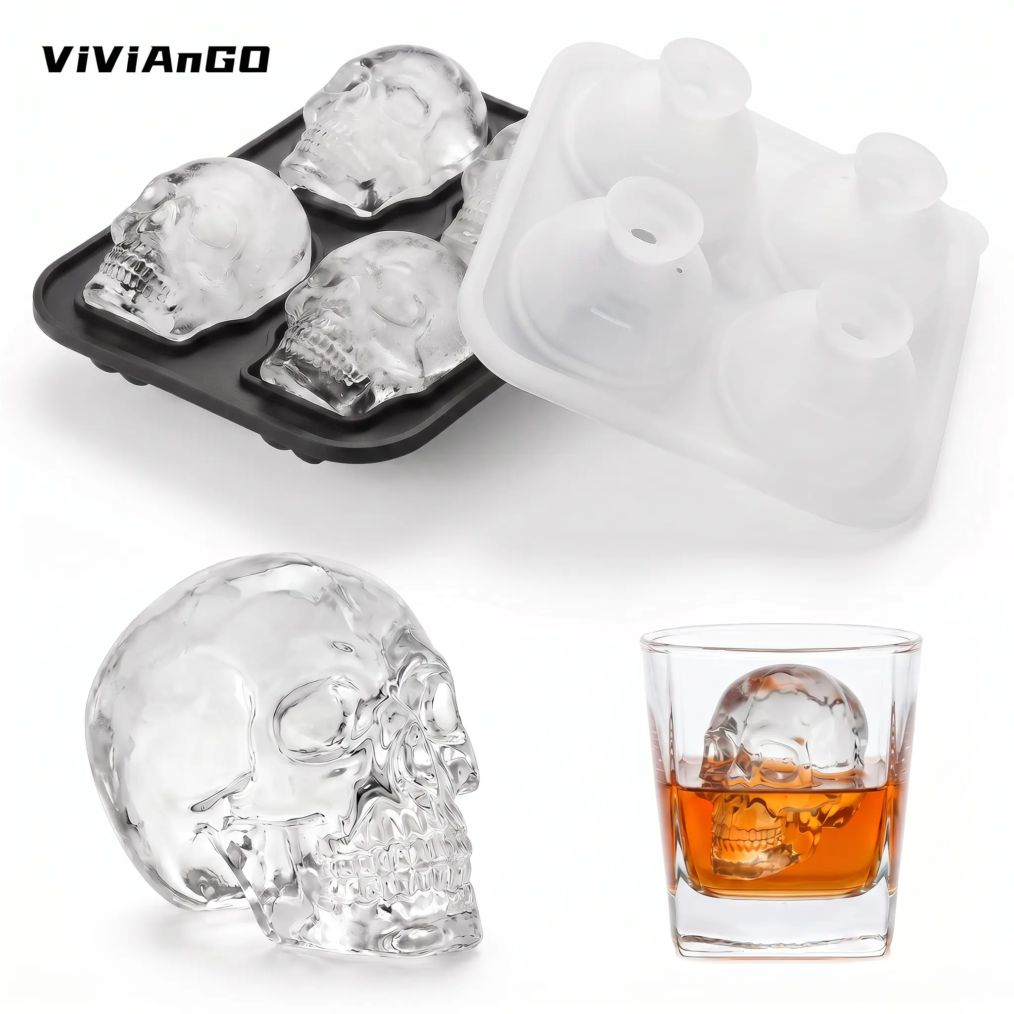 ViViAnGo Extra Large 3D Skull Ice Cube Tray with Clear Funnel, Easy Release Silicone Mold, 4 Cute and Funny Ice Skull for Whiskey,Cocktails and Juice Beverages,Black