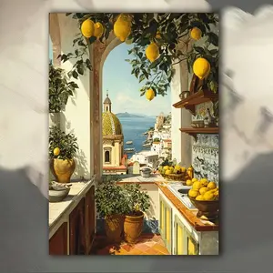 Italian Kitchen Poster, Sorrento Lemon Amalfi Coast Art Print, Vibrant Coastal Lemons & Sea View, Contemporary Wall Decor for Home, Kitchen, Office or Gift