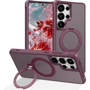 360°Spin Magnetic Stand for Samsung Galaxy S25 Ultra Case with Invisible Kickstand Rotatable,[Fit for Magsafe] Slim Cute Matte Translucent Military Grade Shockproof Phone Cover-Wine Red