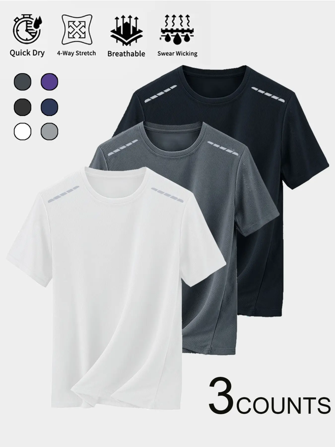 Men's Moisture-Wicking Breathable Short Sleeve Summer Running Shirt, Quick-Dry T-Shirt for Nighttime Exercise, Breathable Workout Shirt, Breathable Sports Top, 3pcs Set