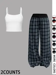 Y2K Millennial Style Plaid Wide Leg Pants Set, Womenswear, Solid Slim Fit Halter Neck Top + Flowy Casual Long Pants, Women's Summer Fashion