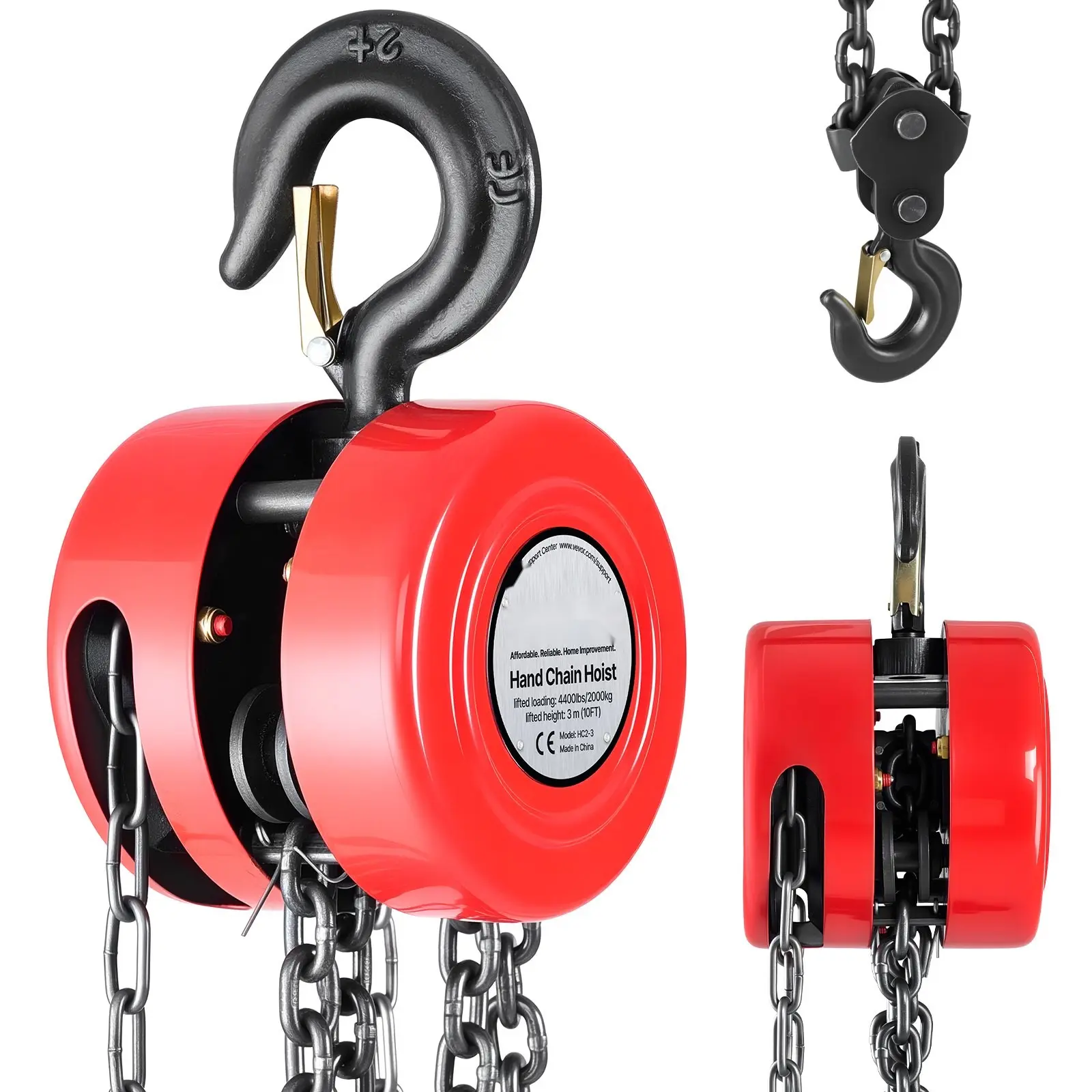 Hand Chain Hoist 4400 Lbs Capacity, 10 Ft Manual Chain Block With G70 Grade Chain, Heavy Duty Industrial Lifting Equipment For Safe Material Handling, Compact Steel Construction, Reliable Load Lifter