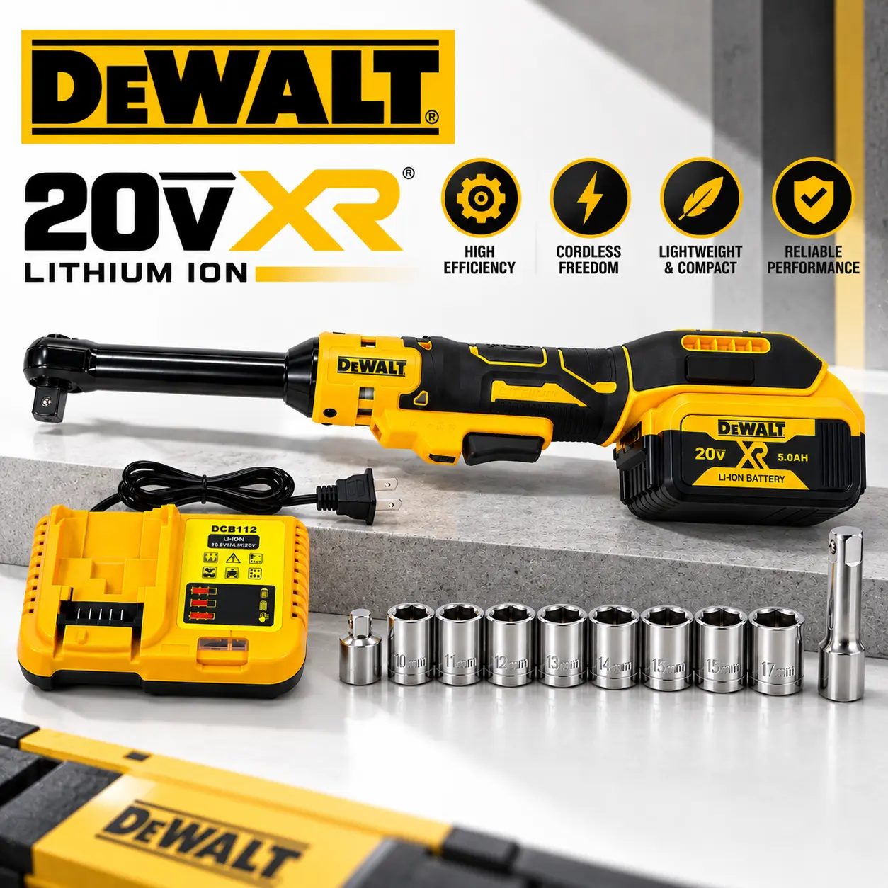 DEWALT 20V Cordless Ratchet Wrench Kit, 17.1" Extended Reach Electric Ratchet, Heavy Duty Metal Drive, 5.0Ah Battery & Socket Set, Forward Reverse Long Reach Power Tool for Tight Spaces, Auto Repair, Mechanic & Garage Maintenance