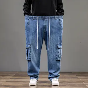 4XL-9XL Big & Tall Elastic Waist Cargo Jeans Stretch Denim Pants