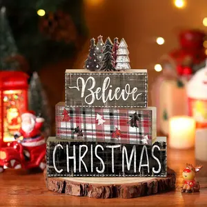 4 pcs Christmas Table Centerpiece Rustic Decorative, Tiered Tray Decor, Nativity Scene Wooden Decoration, Funny Gingerbread Christmas Sign, Block Signs Gift Farmhouse Winter Table Decoration for Home Kitchen, Decorative Props