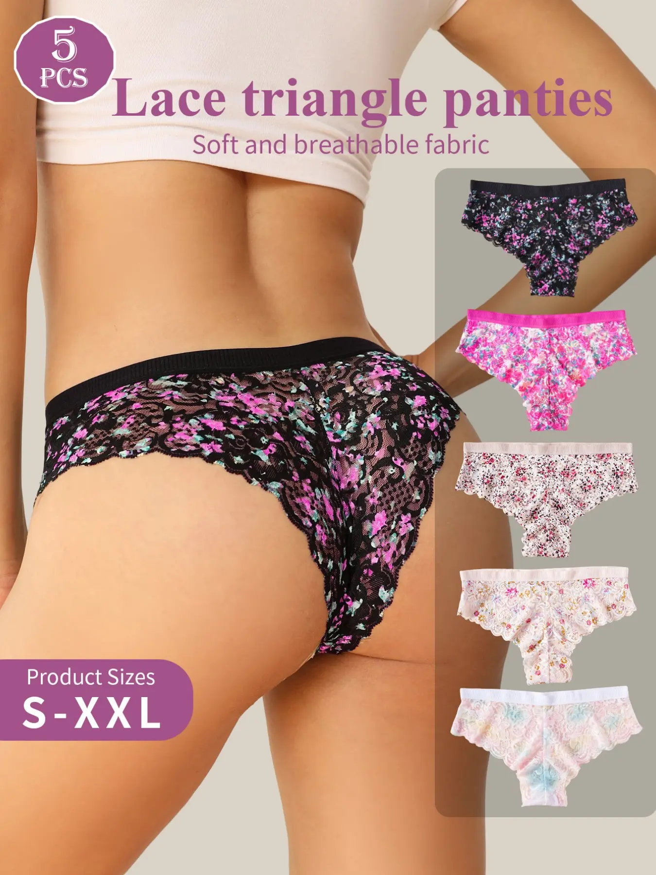 5-Piece Women's Feminine Floral Print Panty Set, Contrast Lace Design, Casual Everyday Fitted Style, All-Seasons Wear, Comfortable, Breathable & Stylish