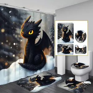 1/3/4PCS Mythical Dragon Shower Curtain set, Fantasy Night Bathroom Decor, Accessories with Bath Mat, U-shaped Mat, Toilet Lid Cover, 12 Hooks 180x180cm Curtain, Dragon Enthusiast, Home Decor, bathroom accessories, Shower Essentials