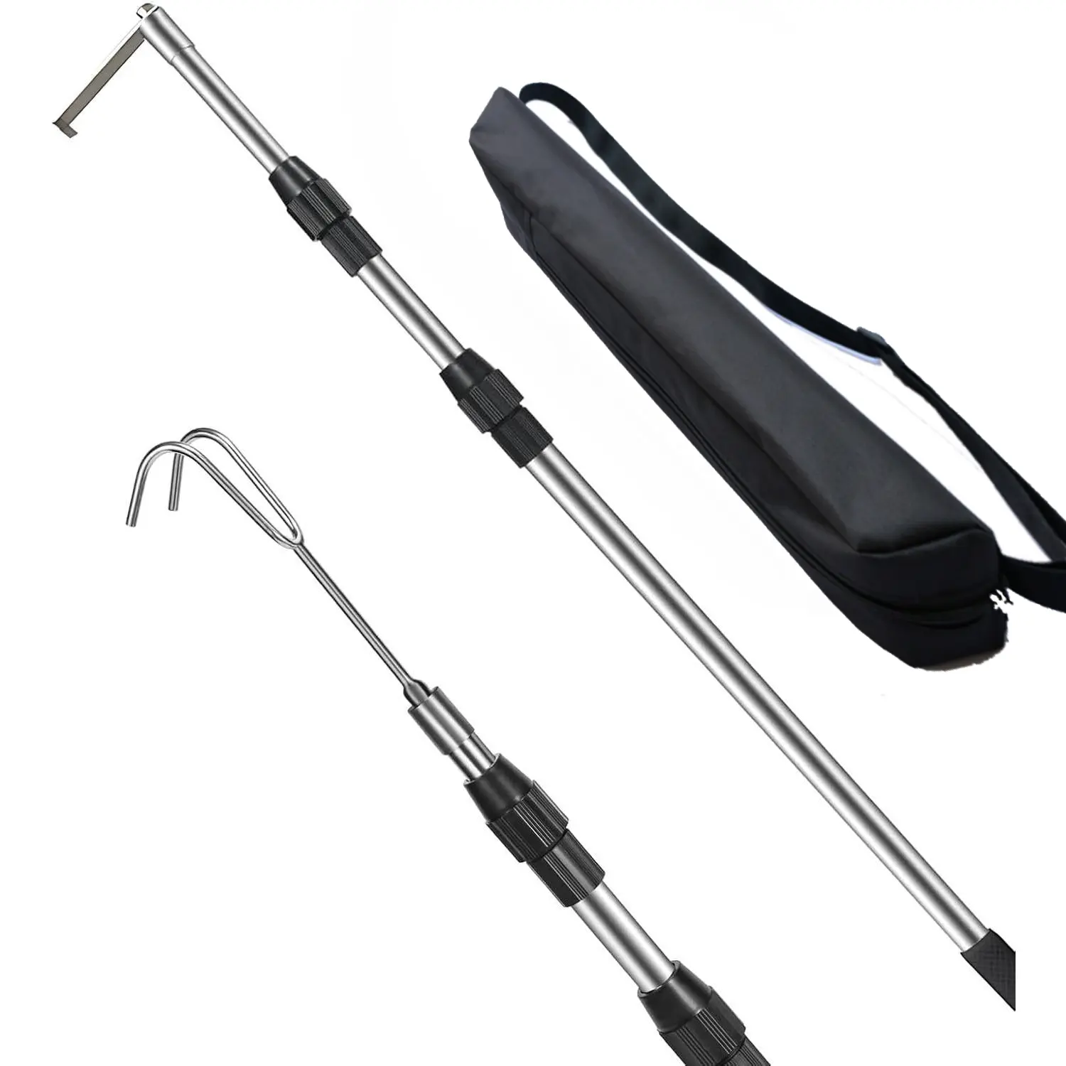 GJANSH 6.5Ft Truck Bed Cargo Retriever, Heavy Duty Pickup Cargo Grabber Reach Pole with Storage Bag, Telescoping Truck Bed Grabber Pole with 2-Style Hooks, Black