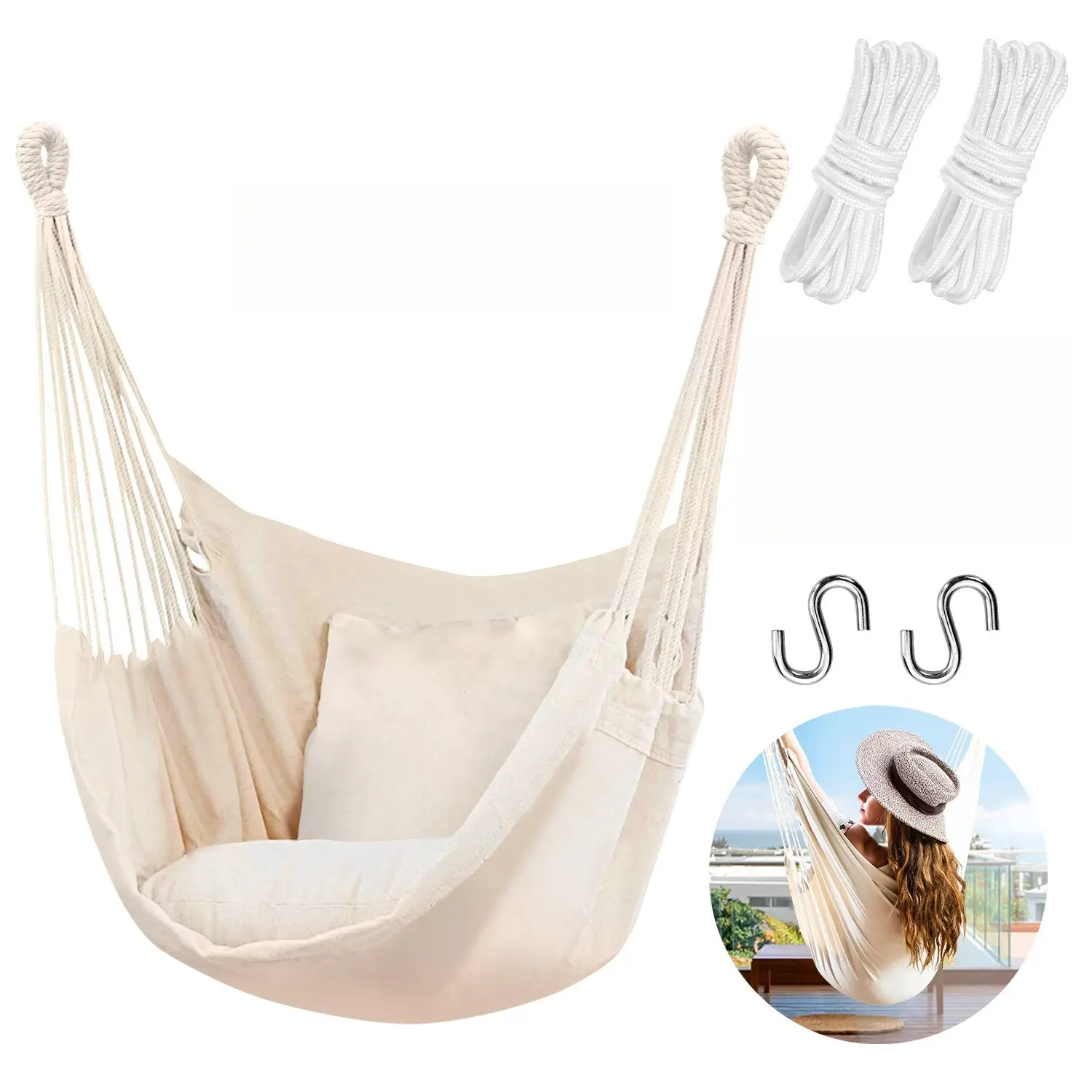 Hammock Chair Hanging Rope Swing Max 300 Lbs with Pocket 2 Pillows Quality Cotton Weave for Superior Comfort Durability Outdoor Home Bedroom Patio Yard