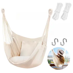 Hammock Chair Hanging Rope Swing Max 300 Lbs with Pocket 2 Pillows Quality Cotton Weave for Superior Comfort Durability Outdoor Home Bedroom Patio Yard