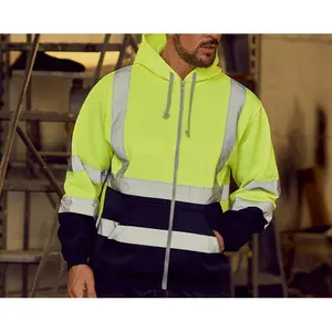 Men’s Reflective Zip Up Hoodie, Fleece Colorblock Hooded Sweatshirt, Outdoor Workwear Safety Jacket for Daily and Job Use