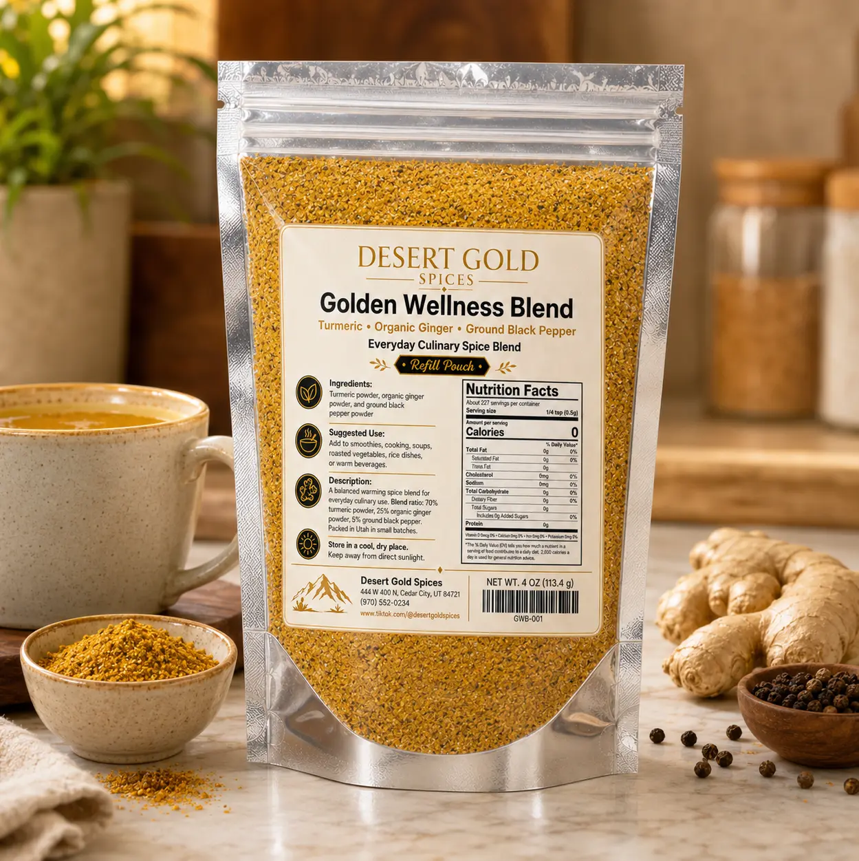 Desert Gold Spices Golden Wellness Blend - 4 oz (113.4 g) Stand-Up Refill Pouch | Organic Turmeric, Ginger & Black Pepper Blend | Small-Batch Packed | Culinary Seasoning for Smoothies, Cooking & Golden Milk