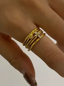 Sweet and Elegant 18k Gold Stainless Steel White Diamond Cross Thread Heart Three-Layer Hollowed-Out Stacked Ring, New Fashion Party Jewelry for Women, Birthday Gift, Heart Shaped Ring