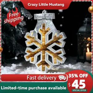 14 inches LED snowflake Lantern, Christmas Ornament, Decorated with Glittering Bow, Features Two-Sided Mirrored Panels, Illuminated LED Strip Inside, Holiday Decorative Hanging Ornament