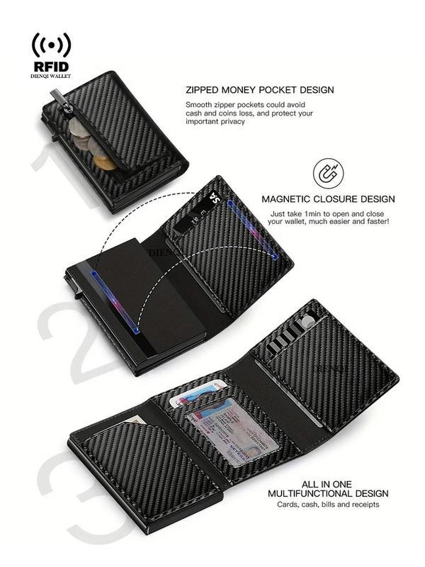 Rfid Men's Wallet with Airtag Holder, Slim Carbon Fiber Credit Card Case, Anti-Theft, Multi-Card Slots, Zipper Coin Pocket