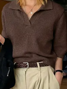 Deep Polo Neck Mid-Sleeve Knit Sweater for Women, Womenswear Knitwear Basic, Fine Ribbed Knitting Craft, Loose Fit Commuter Casual Top