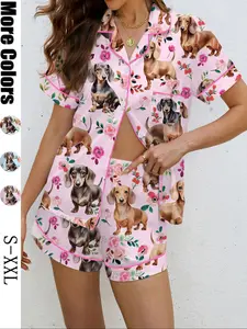 Cute Dog Print Women's Pajama Set, Casual All-Over Print Sleepwear, Soft Shirt Collar Top & Elastic Shorts, Comfortable Home Wear