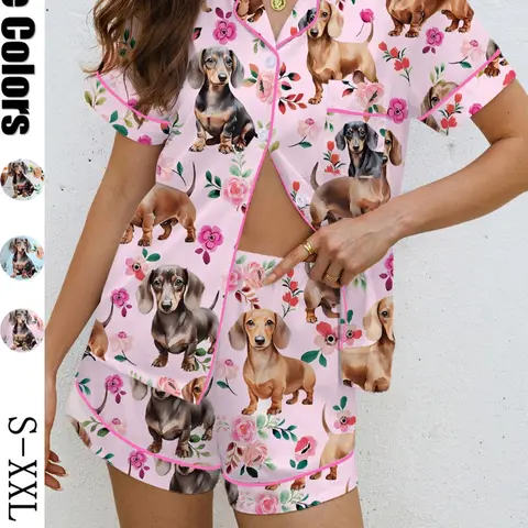 Cute Dog Print Women's Pajama Set, Matching Pajamas Set, Casual All-Over Print Sleepwear, Soft Collared Shirt Collar Top & Elastic Shorts, Comfortable Home Wear Loungewear Knit Pjs Homewear Womenswear Summer Sleepwear Set, Pj Sets