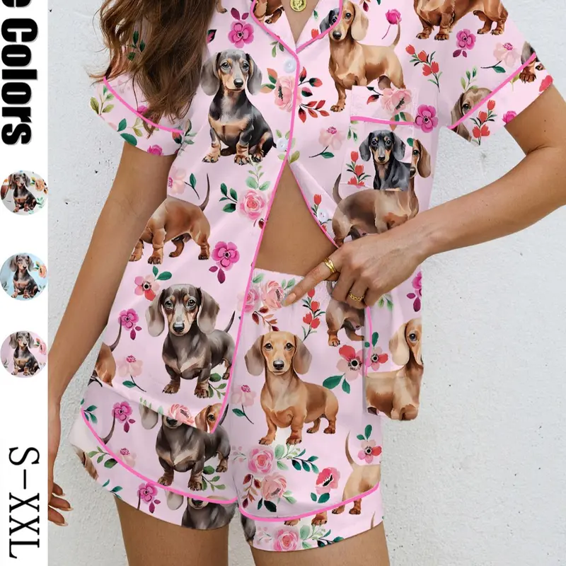 Cute Dog Print Women's Pajama Set, Matching Pajamas Set, Casual All-Over Print Sleepwear, Soft Collared Shirt Collar Top & Elastic Shorts, Comfortable Home Wear Loungewear Knit Pjs Homewear Womenswear Summer Sleepwear Set, Pj Sets