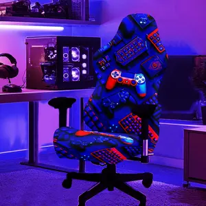 1Set E-sports Game Controller Keyboard Pattern UV Blacklight Reactive Glowing Computer Game Chair Cover, Gaming Chair Fabric, Milk Fiber Fabric With Elastic And Detachable Design That Is Machine Washable. Suitable For Office, Bedroom
