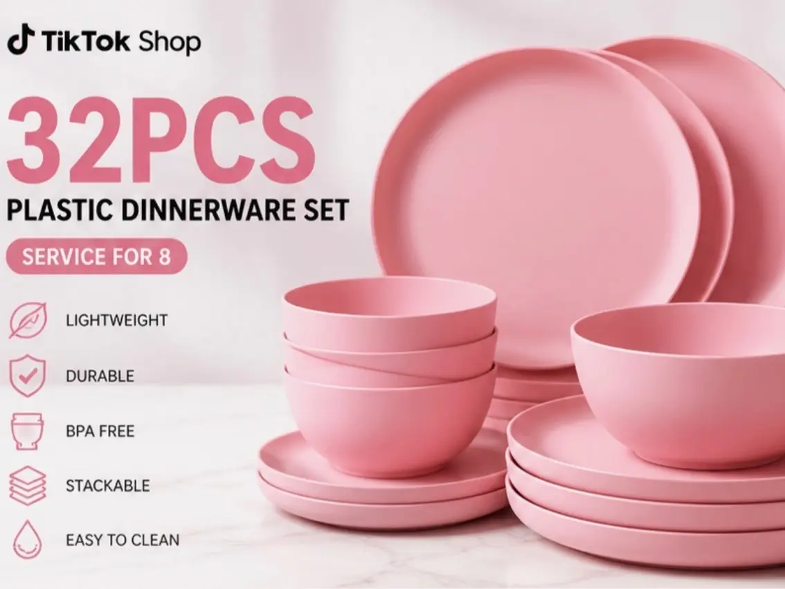 32/16pcs Camping Wheat Straw Large Size Dinnerware Set, Service for 8, Lightweight Outdoor Camping Plates, Durable Dish Set-Plate/Dessert Plate/Bowl/Cup, Dishwasher And Microwave Safe, Hiking, RV, Picnic
