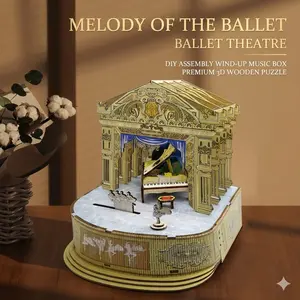 3D Wooden Puzzle Music Box Kit, DIY Wind-Up Ballet Theatre Model, Creative Desk Decor Gift for Adults