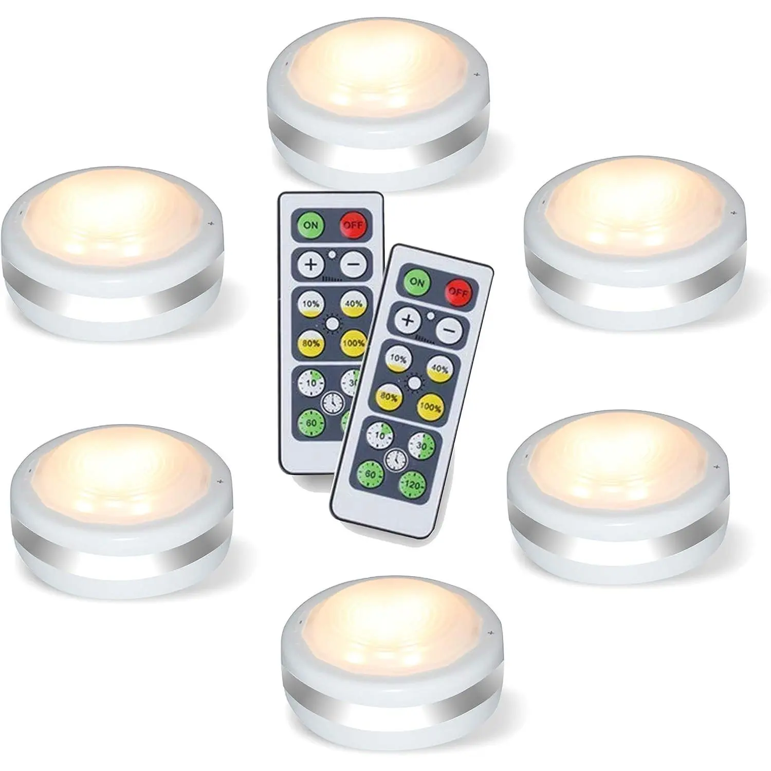 6PK Silver Natural White Plastic Battery-Operated Wireless LED Puck Lights - Remote-Controlled, 4 Levels Brightness Dimmable, Adjustable, European Look, Timing Off, Indoor Use for Cabinet, Wardrobe (Batteries Not Included, Ideal for Halloween, Christmas)