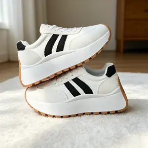 Women’s Retro White Platform Sneakers – Chunky elevated casual shoes, 2″ hidden height boost, all-day comfort, perfect for petite girls, ’90s vintage striped design, ultra-comfortable thick sole, versatile for everyday outfits, gym and streetwear, trendy