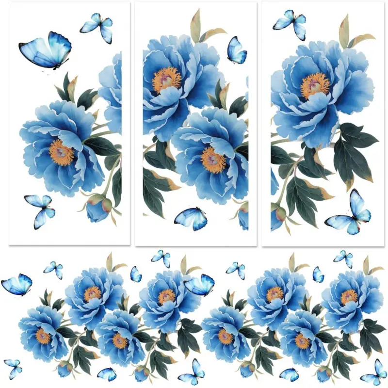 3 Sheet Blue Peony Flower Furniture Decals, Cabinet Stickers for Dresser Drawer Kitchen Vanity Farmhouse, Removable Vinyl Stickers, Easy Peel and Stick, Large Pattern