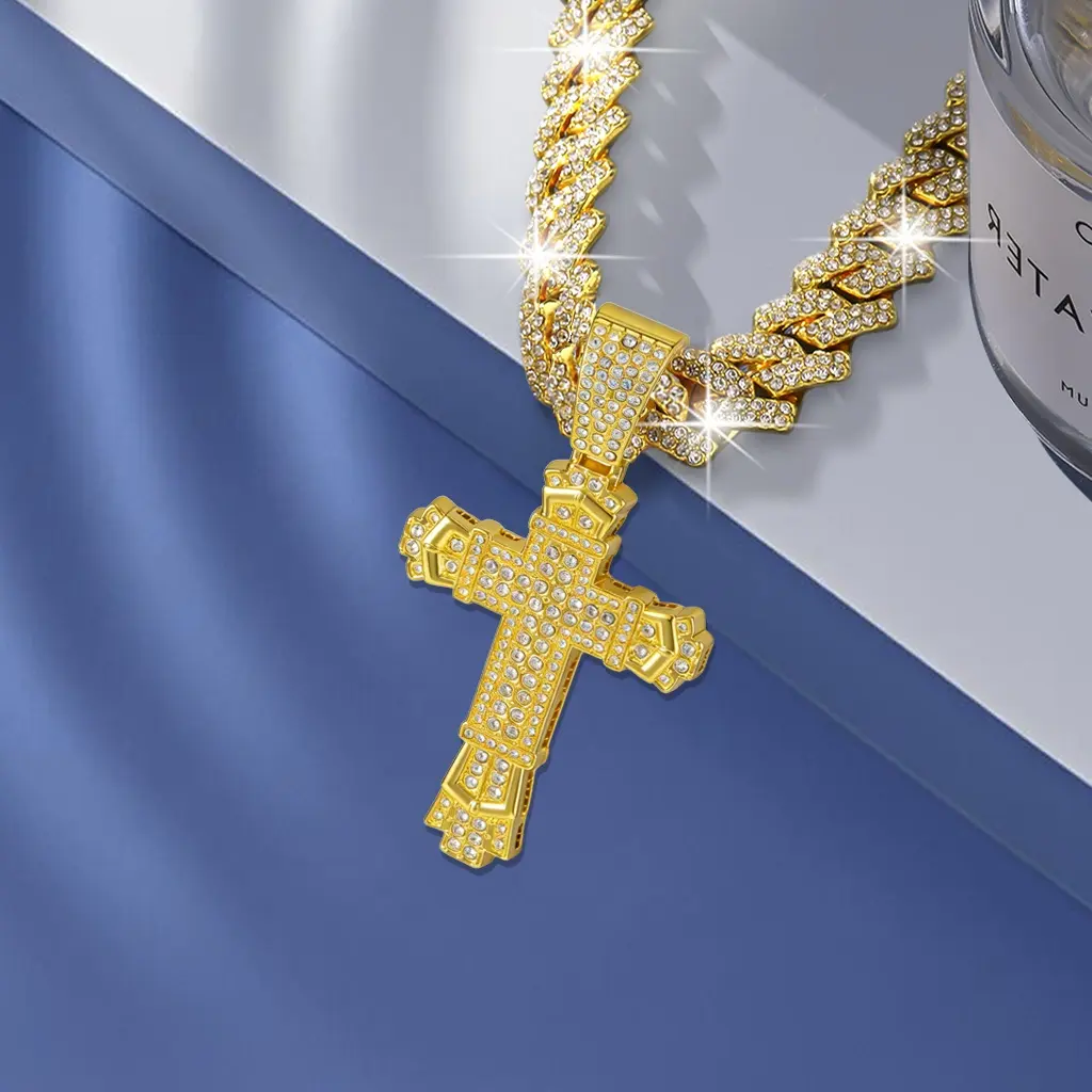 Cross Pendant Miami Cuban Link Chain Necklace Iced Out Bling Rhinestone Hip Hop Jewelry for Men Women