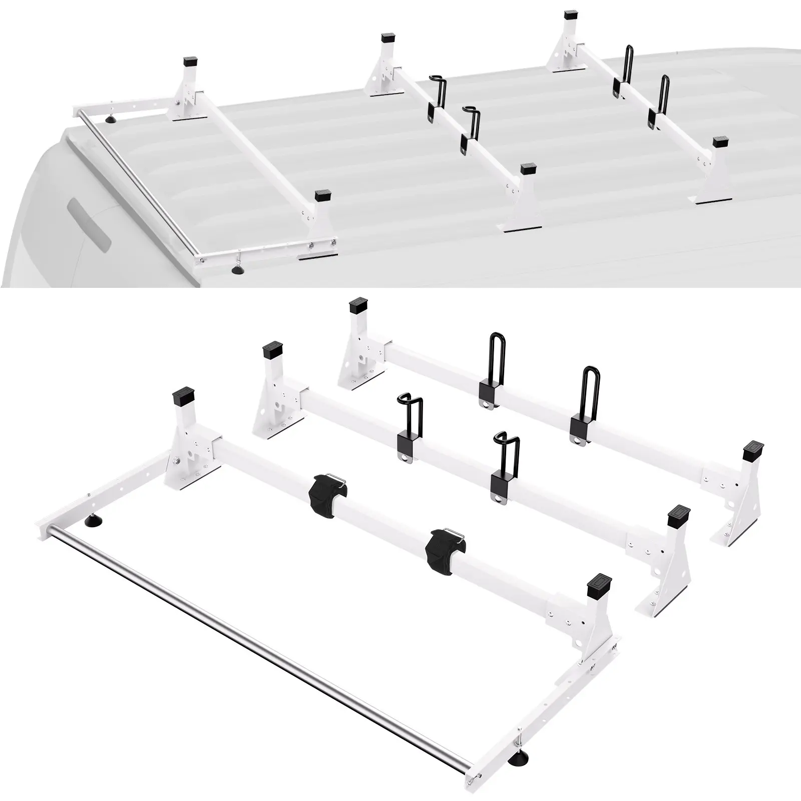VEVOR Trailer Ladder Rack, 54" 3 Crossbars Ladder Roof Rack, Heavy-duty Steel Van Roof Rack, 800 lbs Capacity Van Ladder Rack with Cargo Roller and Straps, Fit for Ford Transit 150 250 350, 2015-2022