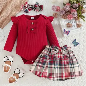 Adorable Baby Girl 2PC Romper & Plaid Skirt – Fall Winter Christmas Outfit