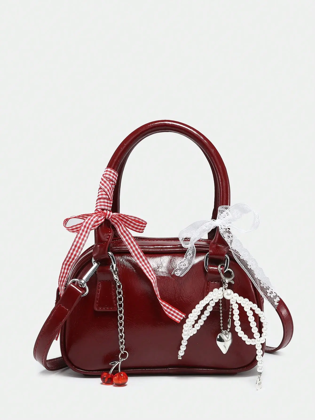 ROMWE Women's Cute Ballet Style Mini Handbag, Cherry Pearl Bow Decor Shoulder Bag, Elegant Vintage Aesthetic Purse