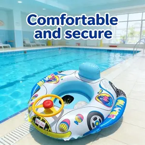 2026 Upgraded Baby Police Car Swimming Ring, Pool Float, Fun Steering Wheel Inflatable Boat, Anti-Tip Safety Design, Infant Water Toy, Blue, 6-36 Months