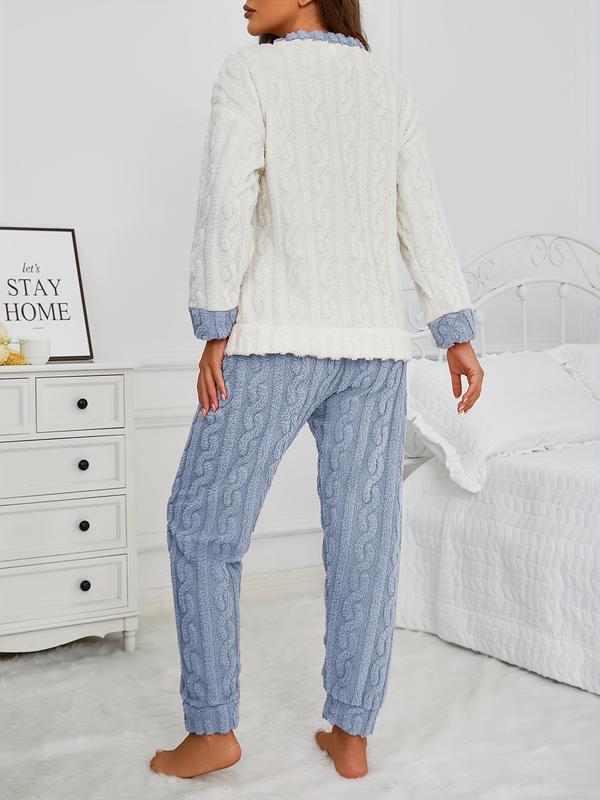 Women's Fleece Lined Sleepwear 2 Piece Set, Long Sleeve Pocket Top & Relaxed Fit Pants for Home Use, Autumn Winter Pajama Set