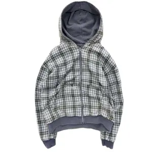 Kyn Apparel American Retro Reversible Plaid Zipper Hoodie Sweatshirt Mens Womens Casual Plaid Sweatshirt Solid Color Lining Y2K Street Style
