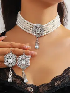 Luxury 5 Layer Faux Pearl Blue Crystal Necklace Earrings Set, Elegant Jewelry for Women, Perfect for Parties Weddings