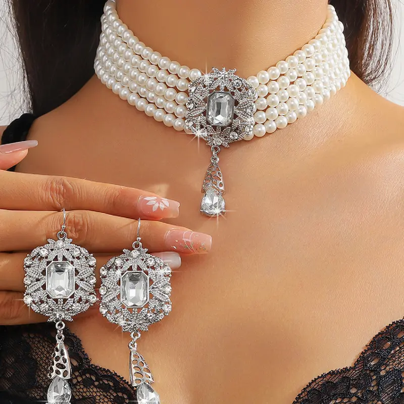 Luxury 5 Layer Faux Pearl Blue Crystal Necklace Earrings Set, Elegant Jewelry for Women, Perfect for Parties Weddings
