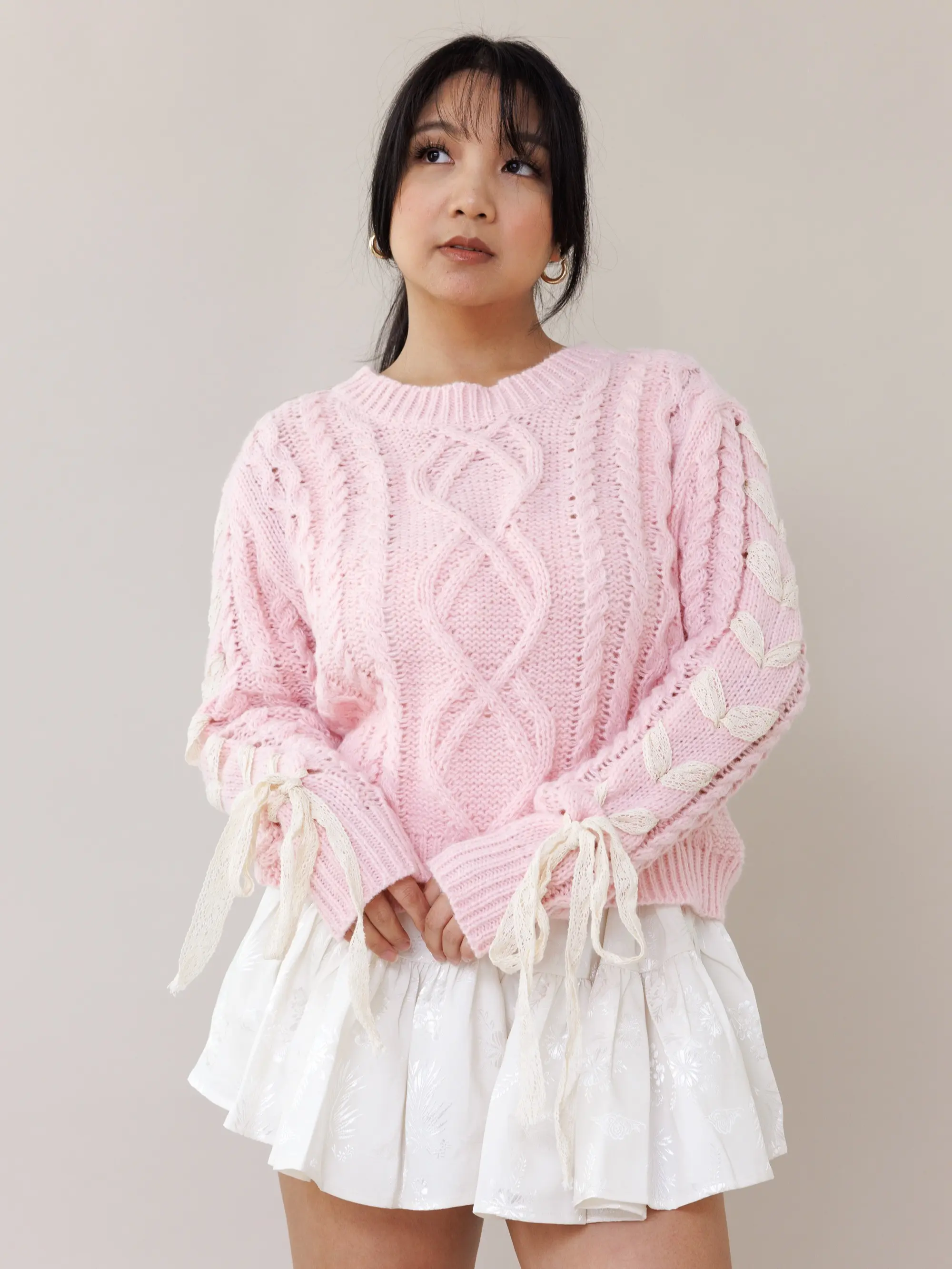 Lover’s Lace Sweater - Pink | cable knit pullover sweater ivory lace trim bows womenswear feminine ribbed long sleeves fall winter spring style