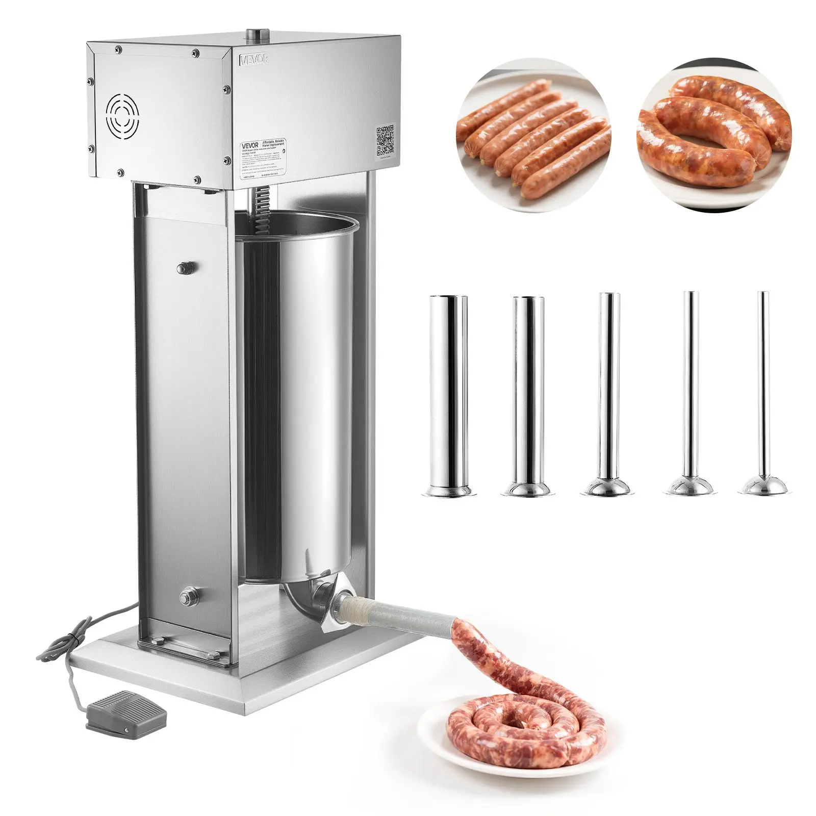 VEVOR 55lbs 25L Vertical Stainless Steel Heavy Duty Metal Electric Sausage Stuffer with Heavy Base, Stepless Speed Control, Foot Pedal, 5 Stuffing Tubes for Commercial Home Use