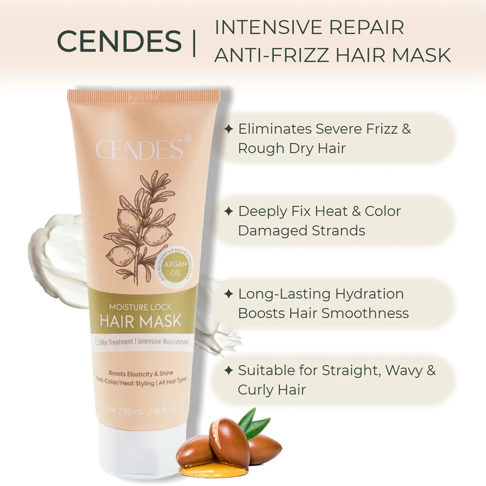 CENDES Keratin Hair Mask for Dry Damaged Hair, Deep Repair Treatment | Hydrating Deep Conditioner Repairs & Strengthens Weak Hair, Smooths Frizz and Restores Softness, Strengthening Formula for Frizzy, Weak Hair, All Hair Types,8oz