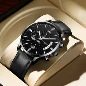 Men's Luxury Black Chronograph Quartz Watch - Leather Strap Wristwatch with Date, Multi-Function Subdials, Luminous Hands, Business Casual Dress Watch, Perfect Gift for Him