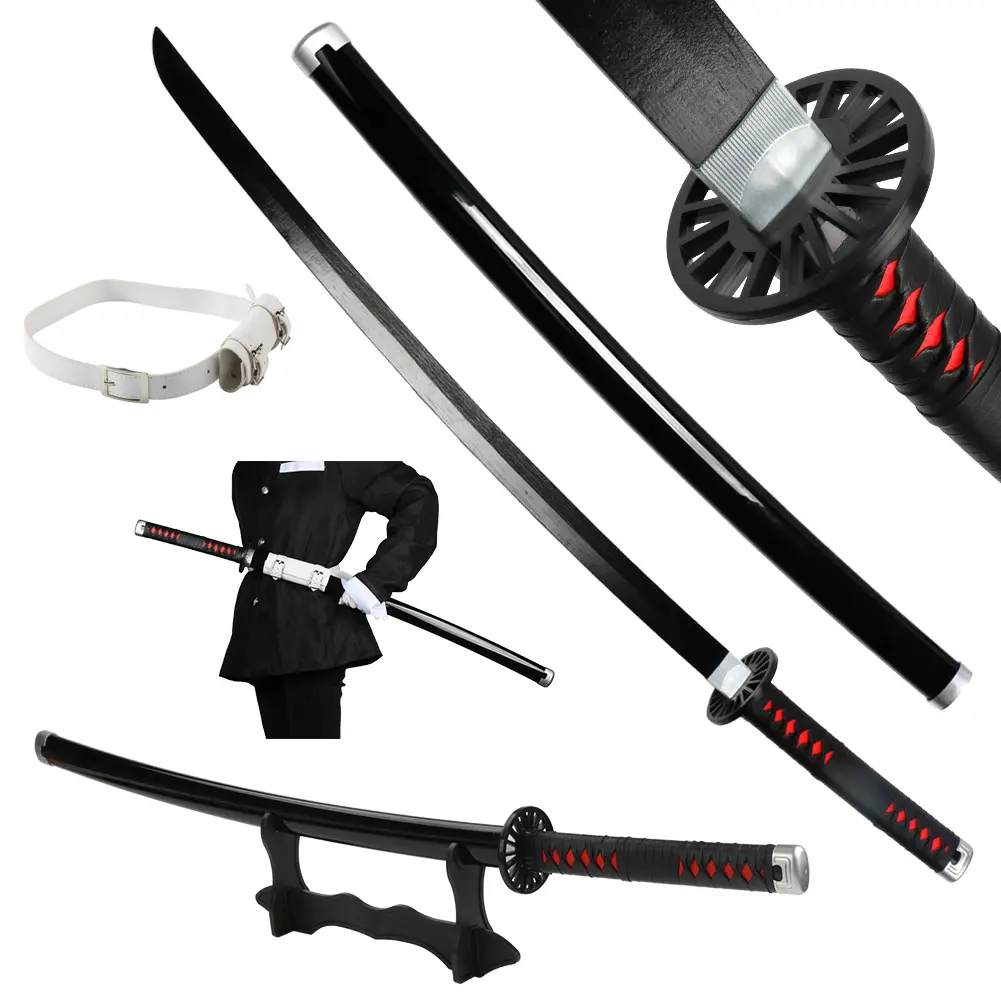 Demon Slayer Kamado Tanjiro Cosplay Sword, 41-in Large Length Bamboo Replica, Dull Blade Safe for Anime Cosplay Role Play, with Belt, Holder & Stand