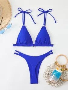 New Split-Body Swimsuit, Two-Sided Solid Color Tie-Band Sexy Triangle Bikini, Trendy Fitted Triangle Swimwear for Women, Plain Bikini Set, Perfect for Beach & Pool, Bikinis Sets