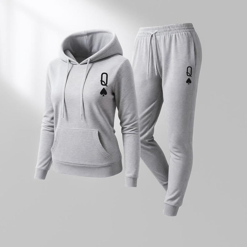 Women's Queen Spade Print Hoodie And Drawstring Track Pants Set, Casual Sportswear, Long-Sleeved Hooded Jacket And Pants, Suitable For Autumn And Winter, Everyday Wear, Indoor And Outdoor Sportswear, Casual Sportswear.