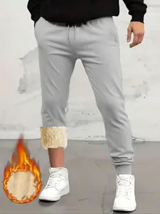 Men's Fall Winter Fleece Lined Casual Outdoor Pants, Windproof Warm Soft Comfortable, Drawstring Waist, Plain Pattern, Christmas Gift Ideas