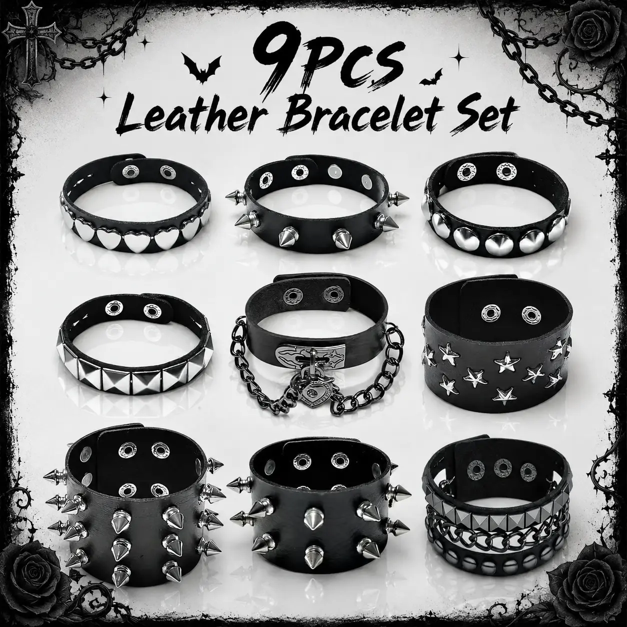 9Pcs Punk Layered Spike Rivet PU Leather Bangle Bracelet Set, Gothic Adjustable Heart-shaped Studded Wristband Chain Cuff for Men Women Handmade Halloween Cosplay Accessories Cuff Bangle Jewelry