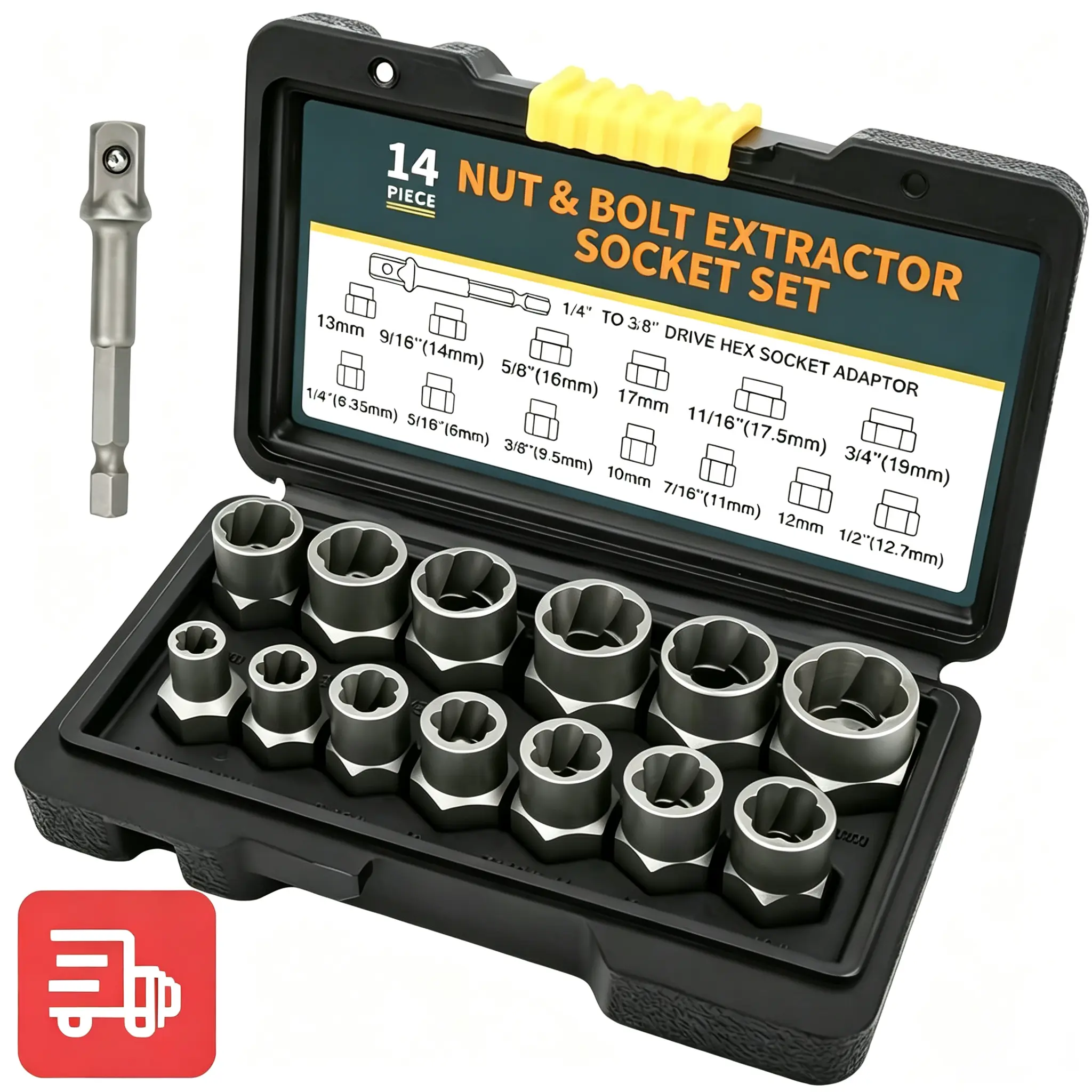 14-Pcs Impact Bolt & Nut Extractor Set, Icon Screw Extractor Kit, 3/8" Drive Stripped Lug Nut Remover, 1/4"-3/4" Twist Sockets, 1/4"-3/8" Adapters & Storage Case for Mechanics' Automotive Repairs & WorkshopRounded off and Rusted Bolts & Nuts